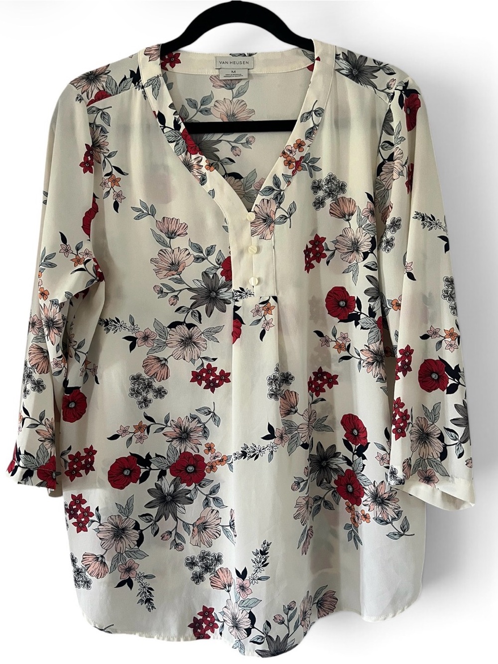 Van Heusen Cream Floral V-Neck Blouse with Red and Gray Blooms